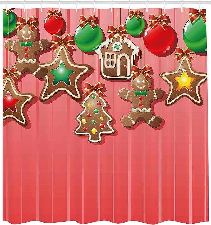 Ambesonne Gingerbread Man Shower Curtain, Christmas Cookies and Baubles Bowties Symbolic Pastry Design, Cloth Fabric Bathroom Decor Set with Hooks, 69" W x 70" L, Pale Ruby