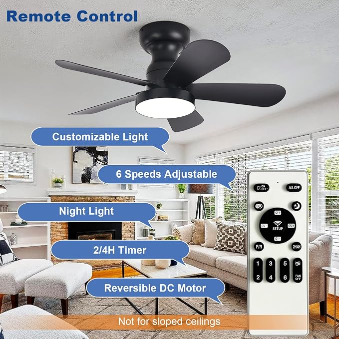 Depuley Black Ceiling Fan with Lights: 28-Inch Flush Mount Fan with Light and Remote - Low Profile Ceiling Fans Reversible Quiet DC Motor for Bedroom Living Room Indoor Outdoor