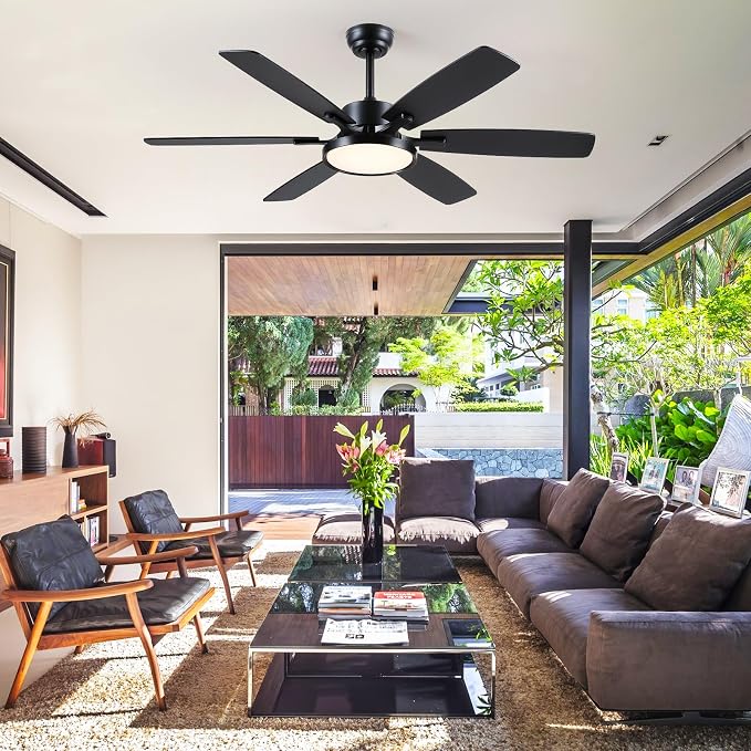 Hounberi 52 Inch Ceiling Fans with Lights and Remote, Modern Black Ceiling Fan with Light, Quiet DC Reversible Motor, 3CCT Dimmable, Modern Indoor Outdoor Ceiling Fan for Bedroom, Living Room