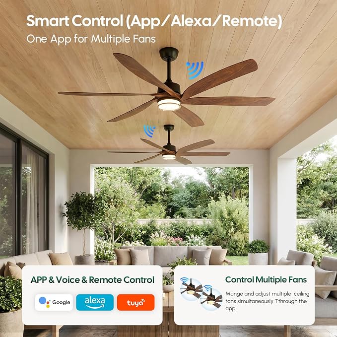 64 inch Smart Outdoor Ceiling Fan with Light for Patio, 6 Blades 8282 CFM Large Airflow, Alexa/APP/Remote Control, ETL Listed Quiet Reversible DC Motor, for Indoor Covered Gazebo Farmhouse, Brown