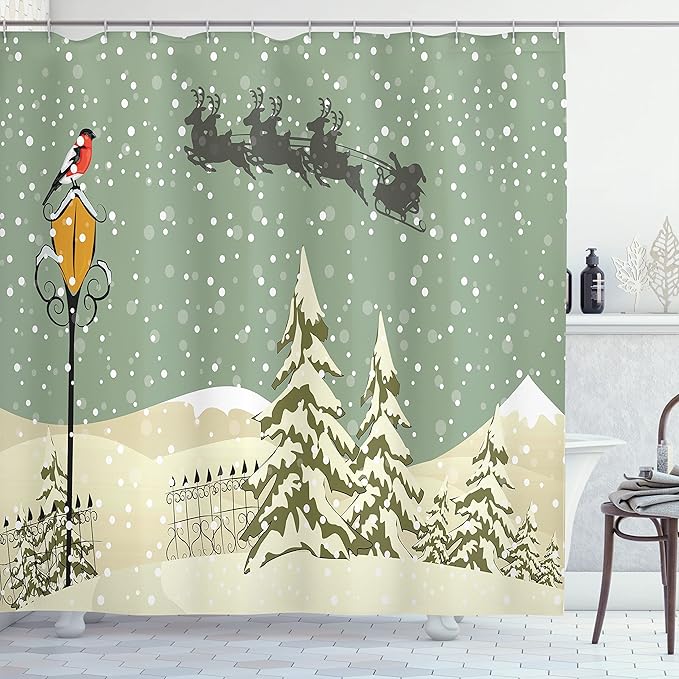 Ambesonne Christmas Shower Curtain, Santa Claus Flying Reindeer Christmas Composition Winter Season, Cloth Fabric Bathroom Decor Set with Hooks, 69" W x 84" L, Beige Green White