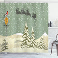 Ambesonne Christmas Shower Curtain, Santa Claus Flying Reindeer Christmas Composition Winter Season, Cloth Fabric Bathroom Decor Set with Hooks, 69" W x 84" L, Beige Green White