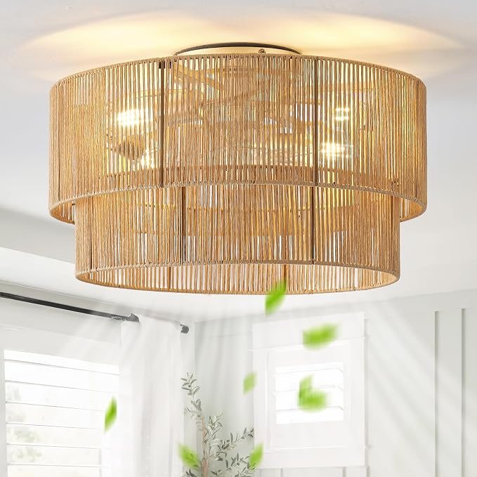 SYDACG Flush Mount Ceiling Fan with Lights Low Profile, 20" Rattan Boho Ceiling Fan with Light Remote Control, Bladeless Caged with 6 Speeds for Bedroom, Living Room, Nursery