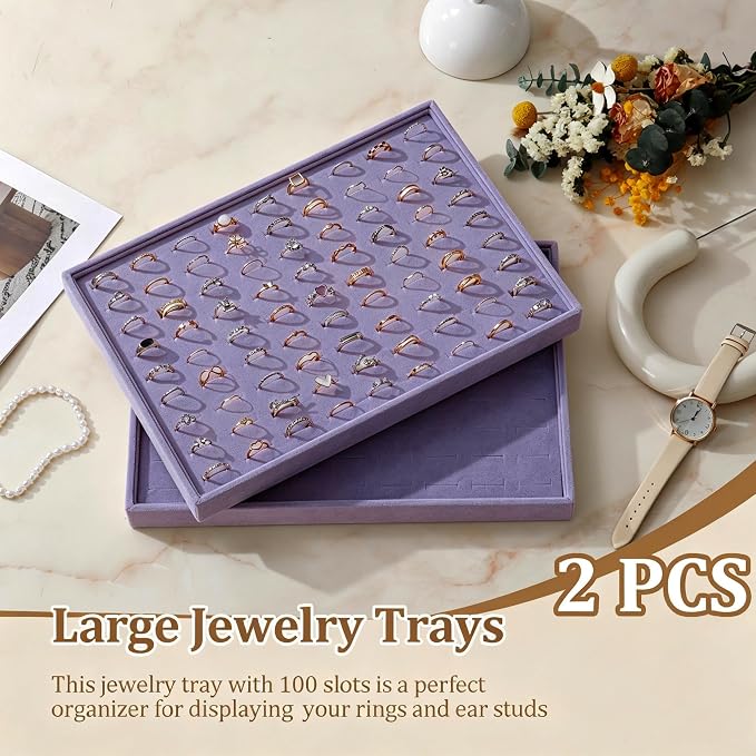 Large Velvet Jewelry Tray 2 Pack Stackable Jewelry Display Drawer Inserts Trays Organizer for Earring Bracelet Necklace Ring (Purple, Ring 81 Slots)