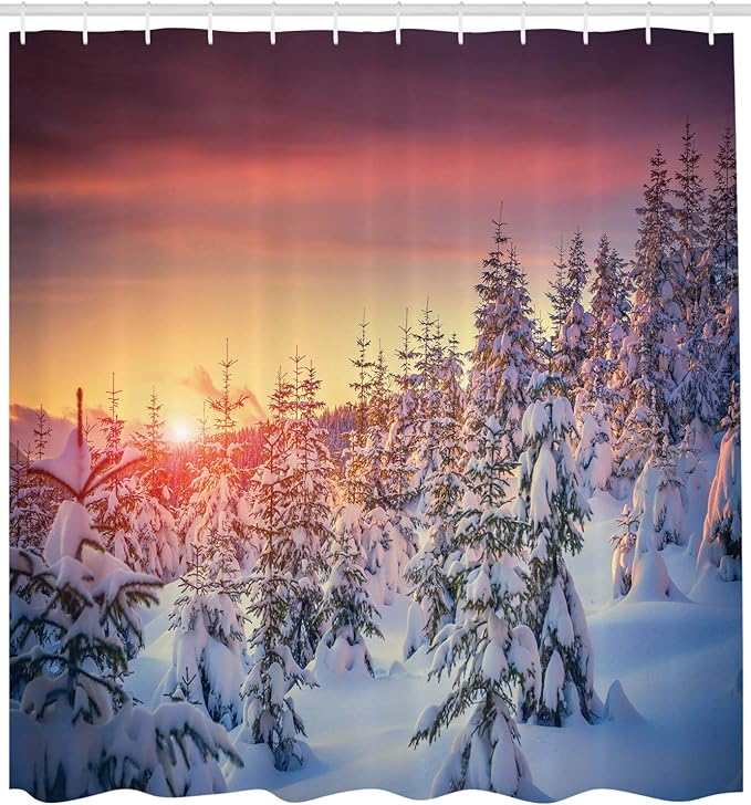 Ambesonne Winter Shower Curtain, Snowy Landscape at Gloomy Sunrise Scenery in Mountain Forest Serene Nature Photo, Cloth Fabric Bathroom Decor Set with Hooks, 69" W x 84" L, White Red