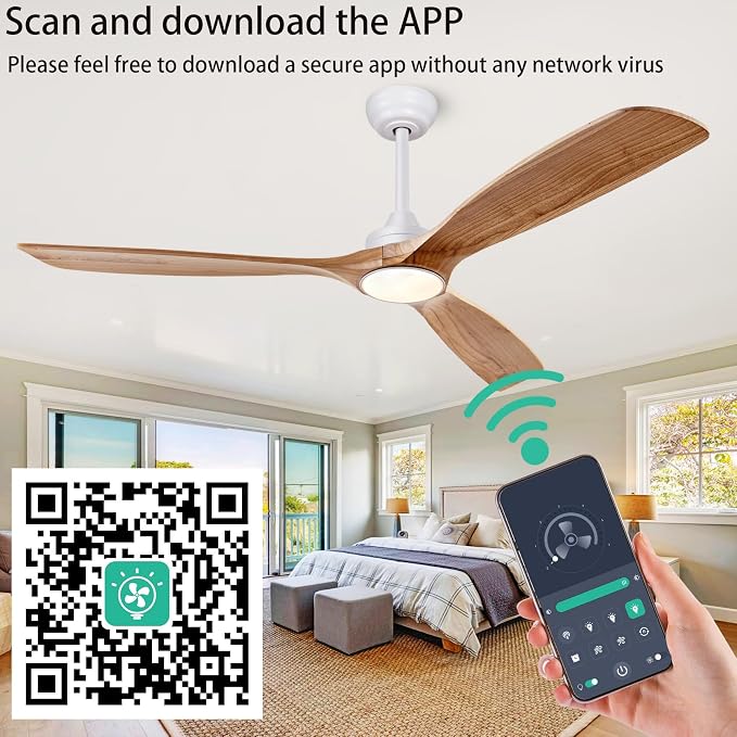 60'' Solid Wood Ceiling Fan Light DC Motor APP Remote 3CCT Dimmable 3 Blade | log-color solid wood blades, pure copper quiet dc inverter motor, remote & app control, 3cct dimmable led light, indoor