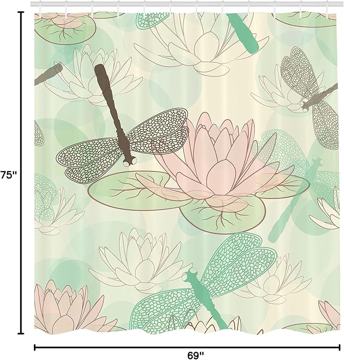 Ambesonne Dragonfly Shower Curtain, Floating Water Lily and Dragonfly on The Lake in Soft Color Design Print, Cloth Fabric Bathroom Decor Set with Hooks, 69" W x 75" L, Pink White