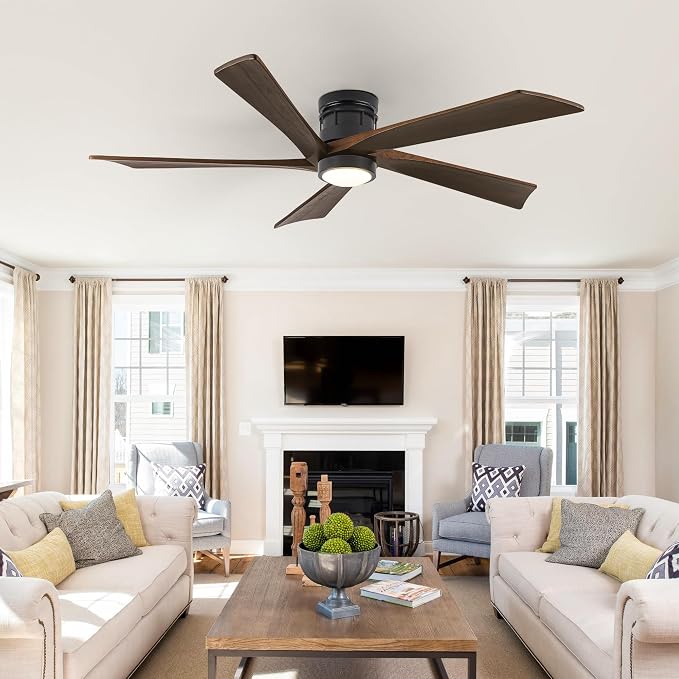 EKIZNSN 64 Inch Outdoor Low Profile Flush Mount Ceiling Fans with Lights and Remote Control for Patios, 6-Gear Speed, 110V Noiseless Reversible DC Motor (Black Finish with Walnut Blades)