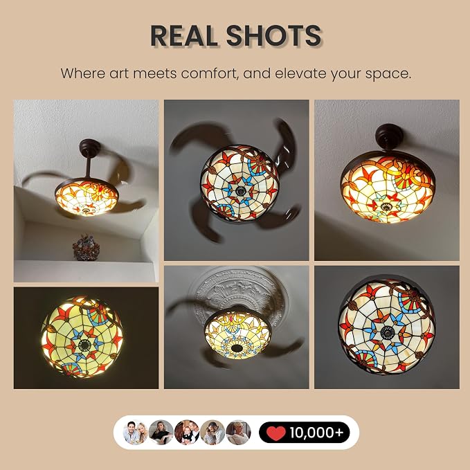 42" Tiffany Ceiling Fans with Lights Stained Glass Ceiling Fan Retractable Chandelier Fan with Remote Control Dimmable with 4 Reverse Blades for Bedroom, Living and Dining Room