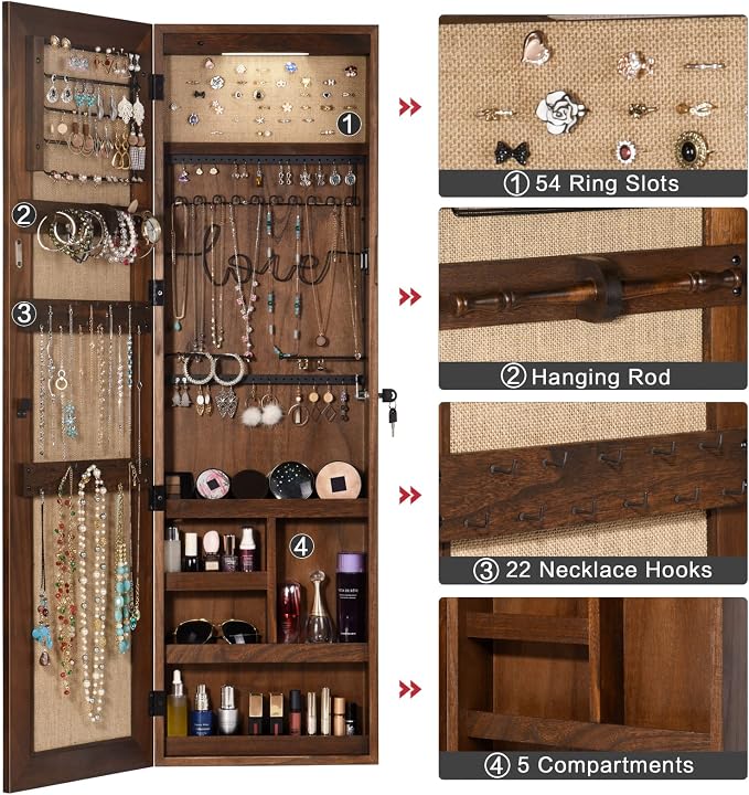 SRIWATANA Dark Brown Jewelry Cabinet with Full Length Mirror, Solid Wood | Wall & Door Mounted Wood Jewelry Armoire; Space-Saving Organizer with Lockable Door & Large Storage Capacity for Makeup