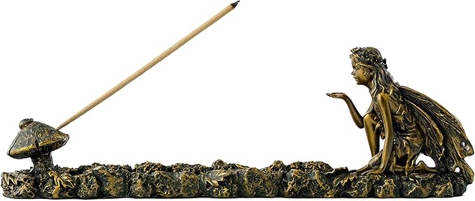 Top Collection Fairy and Mushroom Incense Holder-Hand Painted Mythical Creature with Bronze Finish Look - 10-Inch Collectible Figurine