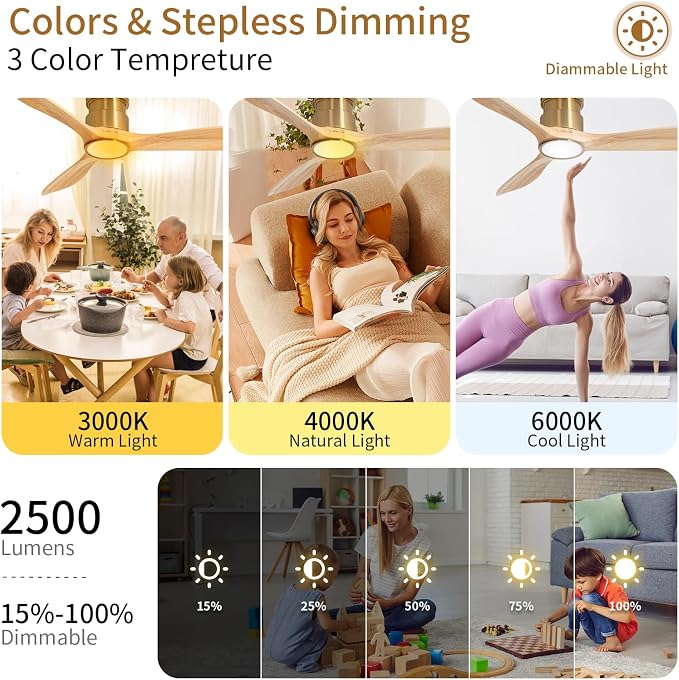 52inch Ceiling Fan with Lights,Wood Low Profile Ceiling Fans with Remote Control,Dimmable Light,3 CCT,6 Speeds,Noiseless DC Motor,Ceiling Fan for Bedroom,Living Room,Office,Indoor,Natural Wood Grain
