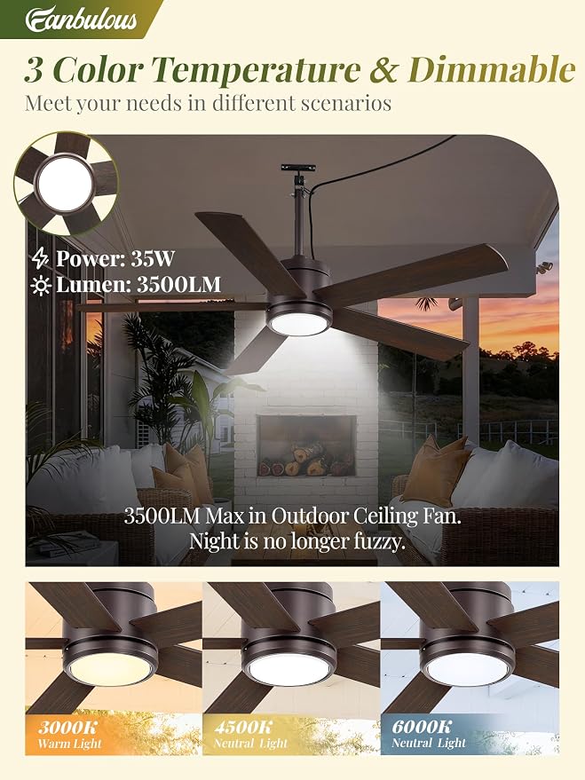 Fanbulous 52" Outdoor Ceiling Fan with Light and Remote, IP65 Waterproof, Plug-in Design with 10FT Cord, 6-Speeds, 3CCT, Hook Hanging Fan for Gazebo Patio Porch Garage Canopy(Oil-Bronze)