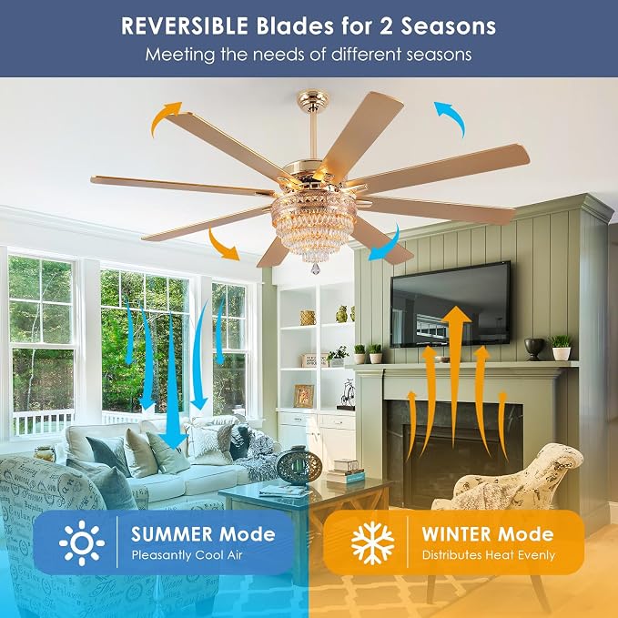 72"Large Golden Crystal Chandelier Ceiling Fans with Lights and Remote/APP | Supports Remote and APP,Reversible 6 Wind Speeds,60W Quiet AC Motor,8 Wooden Blades,4*E12 LED Bulbs Included,for Living Room