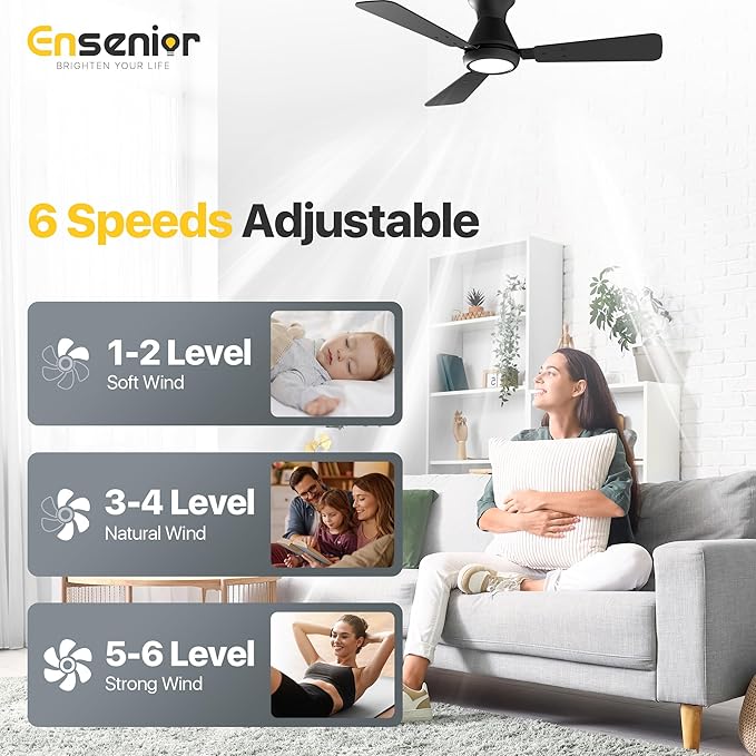Ensenior 42 Inch Flush Mount Ceiling Fan with Light and Remote, Low Profile Ceiling Fans with Lights, 3 Blades (Black/Wood), Quiet DC Motor, 6 Speeds, 3 Color, Memory Function, Fan for Bedroom, Black