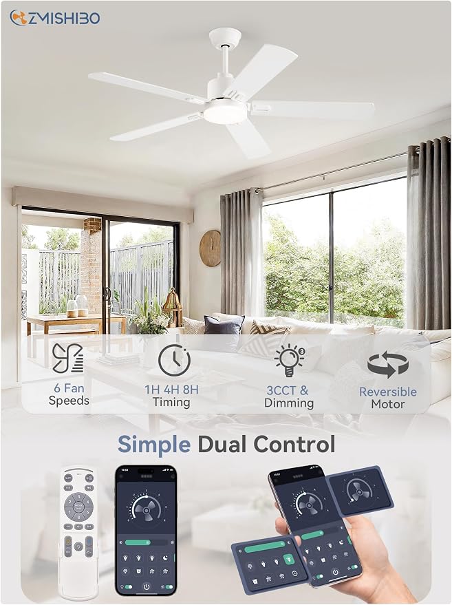 ZMISHIBO 2 Pack 52" Ceiling Fans with Lights, White Modern Ceiling Fan with Remote & App Control, Bedroom Indoor Fan with Dual Finish Blades, Quiet & Strong Motor, 24W Dimmable Bright LED Light.