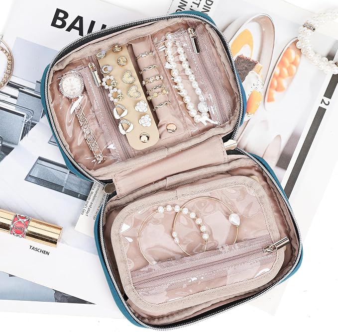 NISHEL Travel Jewelry Case Organizer, Tangle-Free Necklace Storage Bag | Stores rings, earrings, bracelets and watches in a compact case for travel and daily use, Lake-Blue, Small