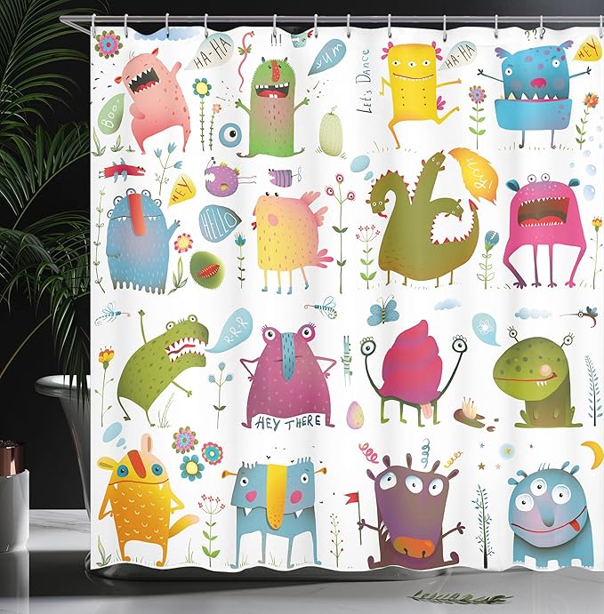 Ambesonne Funny Shower Curtain, Cartoon Monsters Design Let's Dance Boho Groovy Fun Creatures in Garden, Cloth Fabric Bathroom Decor Set with Hooks, 69" W x 75" L, Green Blue