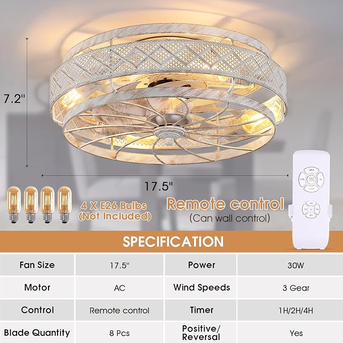 SHIHOT 18" Retro Low Profile Caged Ceiling Fans with Lights and Remote | Safe Caged-Design,Supports Both Remote Control and APP,6 Wind Speeds, Reversible, Quiet DC Motor,Suits for Bedroom Kidsroom
