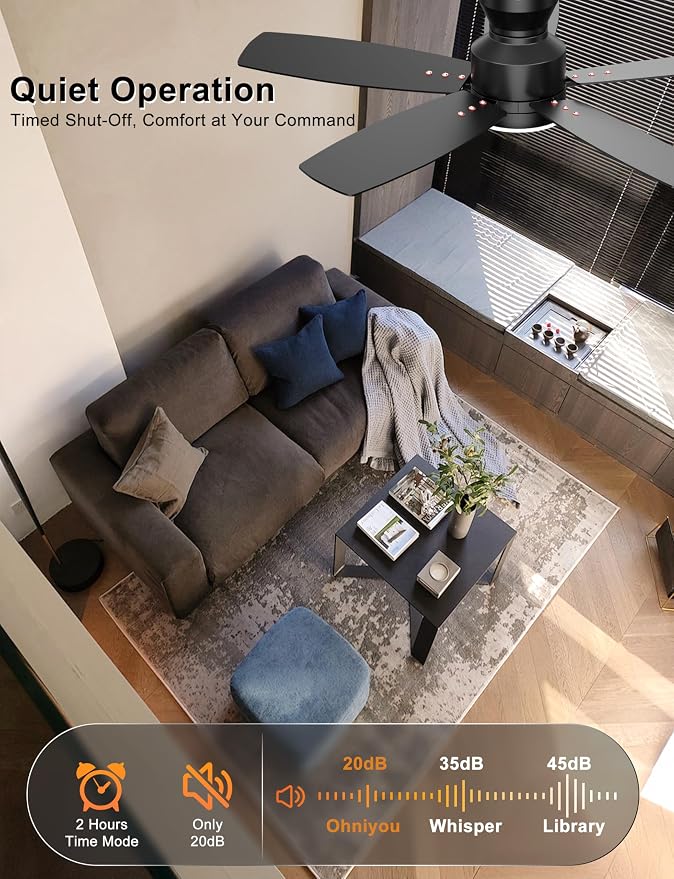 Ohniyou Ceiling Fans with Lights, 42'' Low Profile Ceiling Fan with Light and Remote/APP Control, Modern Flush Mount Ceiling Fan for Indoor Bedroom Kitchen, Dimmable, Quiet DC Motor, Black