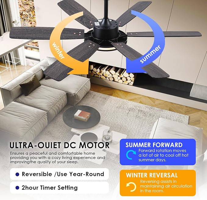 Hounber 52 Inch Ceiling Fans with Lights and Remote, Black Ceiling Fan with 6 Blades Dual Finish, 3CCT, Dimmable, Quiet DC Reversible Motor, Ceiling Fan Modern for Bedroom, Patio, Living Room