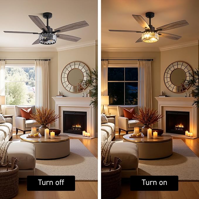 52 inch Crystal Fandelier Ceiling Fan with LED Lights, Chandelier Ceiling Fan with Remote and APP Control, Reversible Ceiling Fan for Indoor, Used in Bedroom, Living Room, Pation