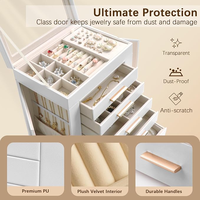 Homeanda 6-Layer Jewelry Boxes for Women, Large PU Leather Storage Organizer with 5 Drawers Glass Lid Case for Rings Necklaces Earrings Bracelets Watches, Gift for Wife and Girls (White)