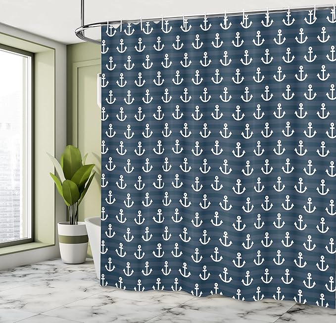 Ambesonne Nautical Shower Curtain, Anchor Pattern Marine Themed Symmetric Adventure Cottage Ship Boat Motif, Cloth Fabric Bathroom Decor Set with Hooks, 69" W x 75" L, Dark Blue