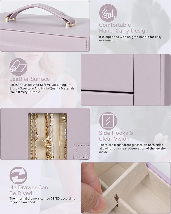 AKOZLIN 6-Tier Jewelry Box Organizer Functional 5 Drawers Leather Jewelry Storage Case for Women Girls Ring Necklace Earring Bracelet Holder Organizer with Mirror Purple 360° Rotating