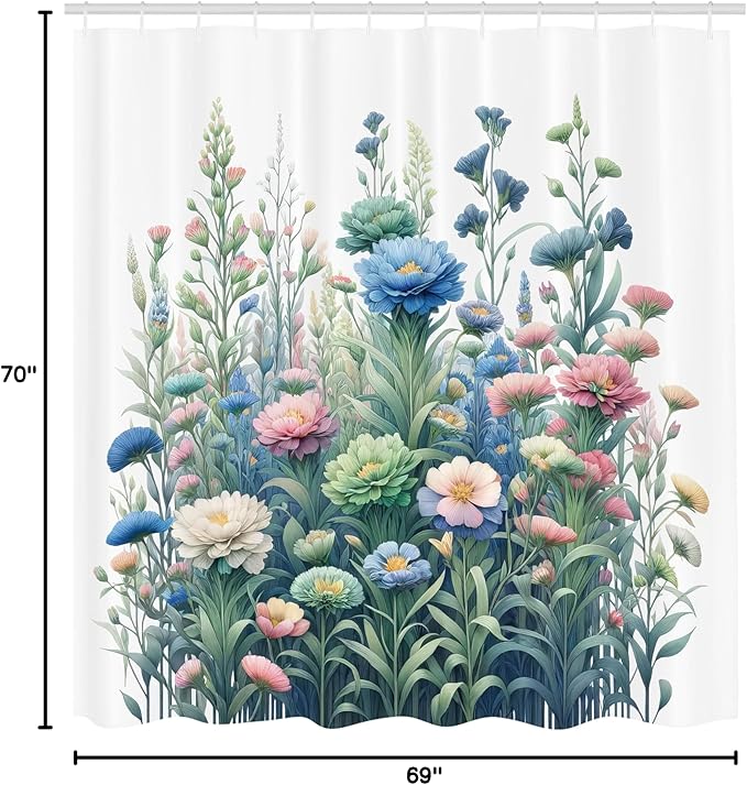 Ambesonne Floral Shower Curtain, Fading Tones of Colorful Wild Flowers in a Spring Morning on Plain Back, Cloth Fabric Bathroom Decor Set with Hooks, 69" W x 70" L, Blue Green and Pink