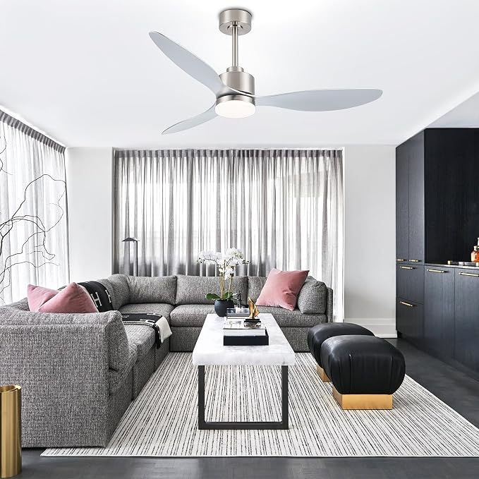 52" Ceiling Fans with Lights and Remote, Quiet DC Motor, 3 Reversible Blades, 6-Speed, Modern Industrial Brushed Nickel Ceiling Fan with 3-Color LED Light Fandelier for Bedroom Living Room
