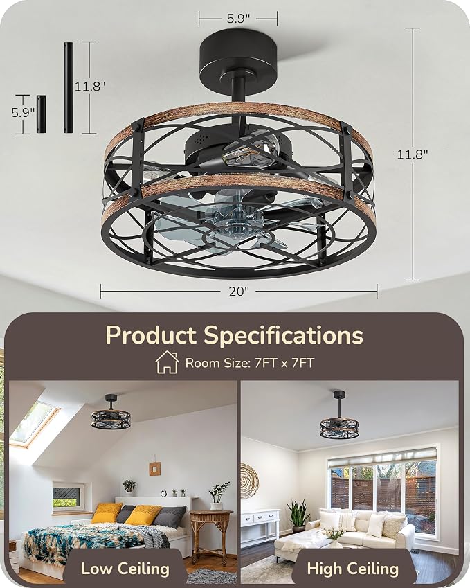 EDISHINE 20 Inch Fandelier Caged Ceiling Fans with Lights and Remote, 10%-100% Dimmable, Rustic Bladeless Ceiling Fan, Small Farmhouse Fan Lights Ceiling Fixtures for Kitchen, Bedroom-Brushed Gold