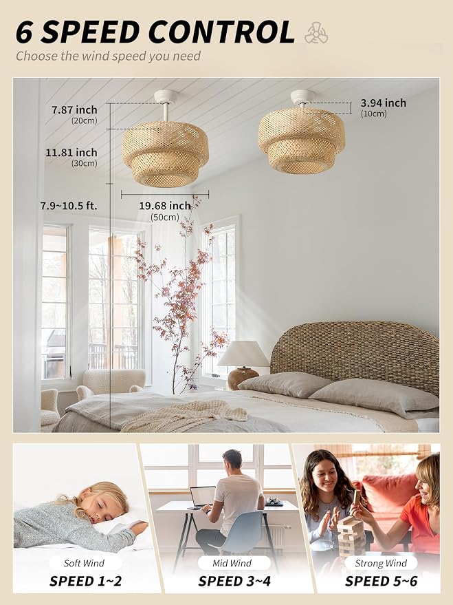 SYDACG Boho Ceiling Fans with Lights, 20" Rattan Ceiling Fan with Light Remote Control, Caged Fandelier with 6 Speeds for Bedroom, Nursery, Living Room
