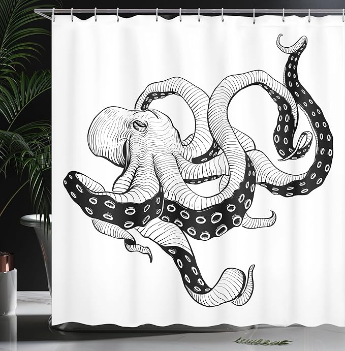Ambesonne Octopus Shower Curtain, Octopus Vintage Style Illustration Kraken Sea Creature with Tentacles Nautical, Cloth Fabric Bathroom Decor Set with Hooks, 69" W x 84" L, White Charcoal