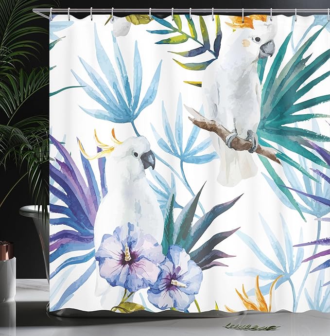 Ambesonne Tropical Shower Curtain, Watercolor White Parrot Birds on Palm Tree Branches Leaves Exotic Nature Art, Cloth Fabric Bathroom Decor Set with Hooks, 69" W x 70" L, Purple Green