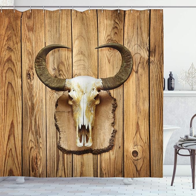 Ambesonne Western Shower Curtain, Buffalo Bull Skull with Horns Hanging on Rustic Wooden Plank Image Print, Cloth Fabric Bathroom Decor Set with Hooks, 69" W x 75" L, Brown Ivory
