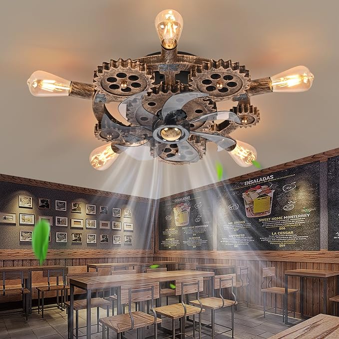 20" Retro Industrial Steampunk Ceiling Fans with Lights and Remote,Low Profile Flush Mount Bladeless Ceiling Fan with Light,Nautical Style 6 Speeds for Bedroom Kitchen Island Bar Cafe