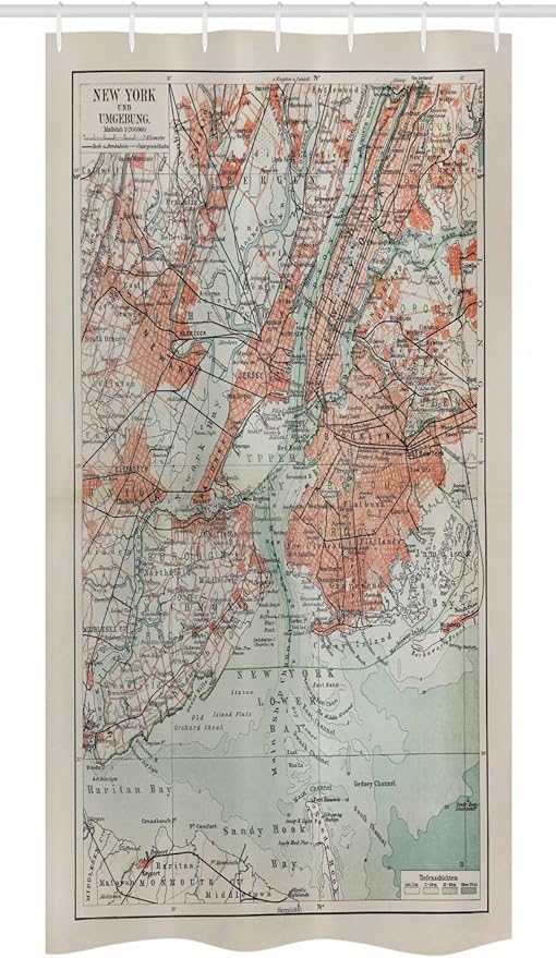 Ambesonne NYC Stall Shower Curtain, New York Old Map from End of 19th Century History Historical Antiques, Fabric Bathroom Decor Set with Hooks, 36" W x 72" L, Turquoise Beige