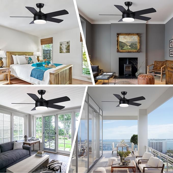 YUHAO 44 Inch Black Ceiling Fan with Light and Remote Control.Noiseless,Dimmable,3CCT,6 Speeds Reversible, DC Ceiling Fans for Indoor or Covered Outdoor Use.ETL Listed