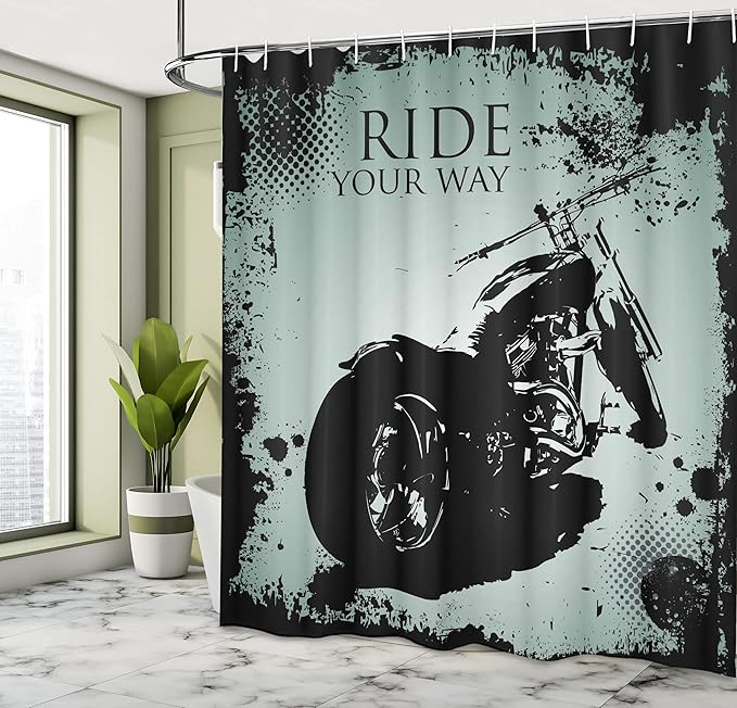 Ambesonne Vintage Shower Curtain, Retro Motorcycle with Black Dots and Splatters Chopper Road Trip Artwork, Cloth Fabric Bathroom Decor Set with Hooks, 69" W x 70" L, Black and Pale Blue