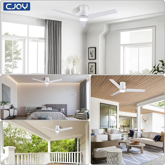 CJOY 48In Ceiling Fan with Light Flush Mount - White Low Profile Ceiling Fan Light with Remote, 3 Reversible Dual-Sided Blades, 3CCT, Dimmable, Modern Fan Light for Indoor Bedroom, Covered Outdoor