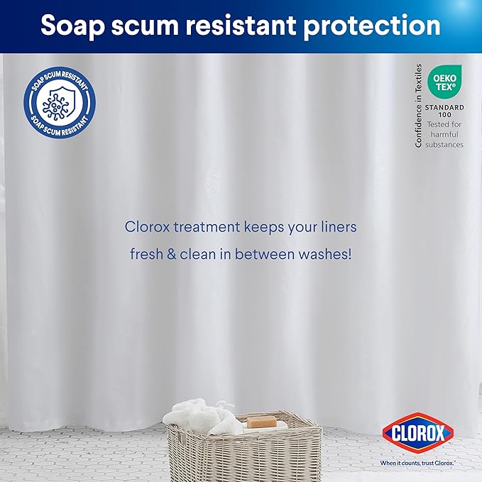 Clorox 2-in-1 Bathroom Shower Curtain Liner, Durable Fabric, Weighted Magnets for Bath Water Control, Washable Premium Quality, Extra Long Stall 78" x 54" White