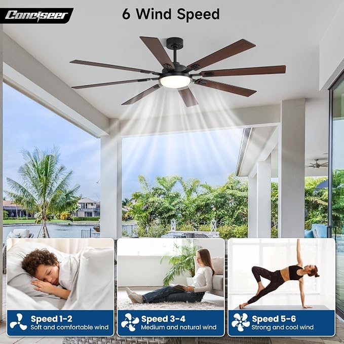 72 Inch Ceiling Fans with Lights and Remote, Living Room Office Library Industrial, 5CCT Dimmable, Dual Color 8 Blades, 6 Speed Reversible Quiet DC Motor, Double-Layer Lampshade, Black/Wood Grain