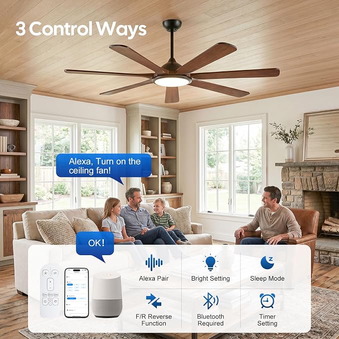 72 inch Solid Wood Smart Ceiling Fan with Lights, Alexa Voice Control,Modern Rustic Farmhouse Outdoor 7-Blade Ceiling Fan for Large Room Patio Gazebo, Damp Rated high air volume, DC motor