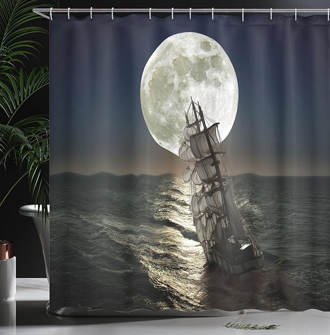 Ambesonne Landscape Shower Curtain, Midnight Moon Stars Fullmoon Eclipse at Night with Pirate Ship Sailing in Ocean, Cloth Fabric Bathroom Decor Set with Hooks, 69" W x 70" L, Multicolor