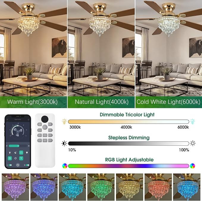 52“ Crystal Ceiling Fans with RGB Lights, Remote/App Control, Luxury Fandelier Ceiling Fan Flush Mount, Reversible DC Motor, Dimmable, Bedroom Chandelier Fan, (Gold)