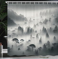 Ambesonne Grey Shower Curtain, Misty Woodland Scenario with Mountains and Trees Monochrome Autumnal, Cloth Fabric Bathroom Decor Set with Hooks, 69" W x 75" L, Dark Cadet Blue Off White
