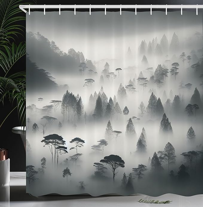 Ambesonne Grey Shower Curtain, Misty Woodland Scenario with Mountains and Trees Monochrome Autumnal, Cloth Fabric Bathroom Decor Set with Hooks, 69" W x 84" L, Dark Cadet Blue Off White