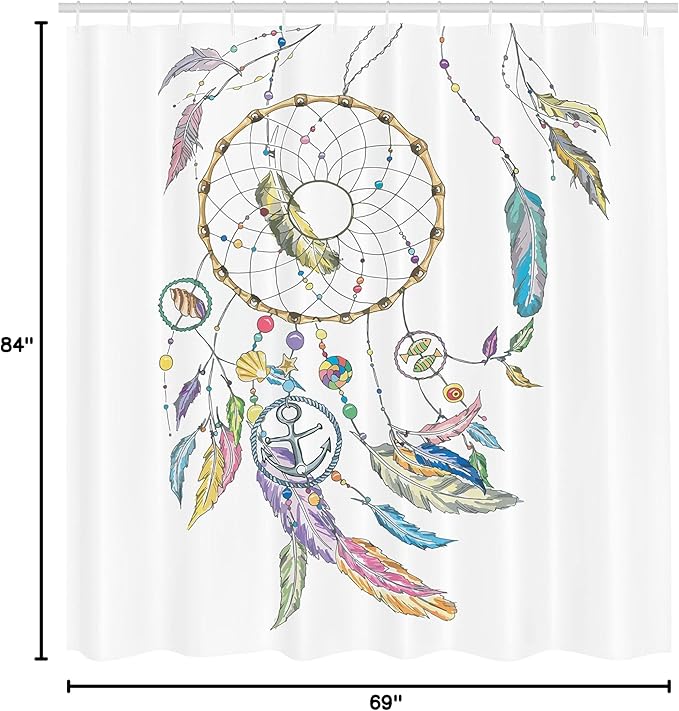 Ambesonne Tribal Shower Curtain, Dreamcatcher with Marine Objects Shell Fish Anchor Boho Print Image, Cloth Fabric Bathroom Decor Set with Hooks, 69" W x 84" L, Violet