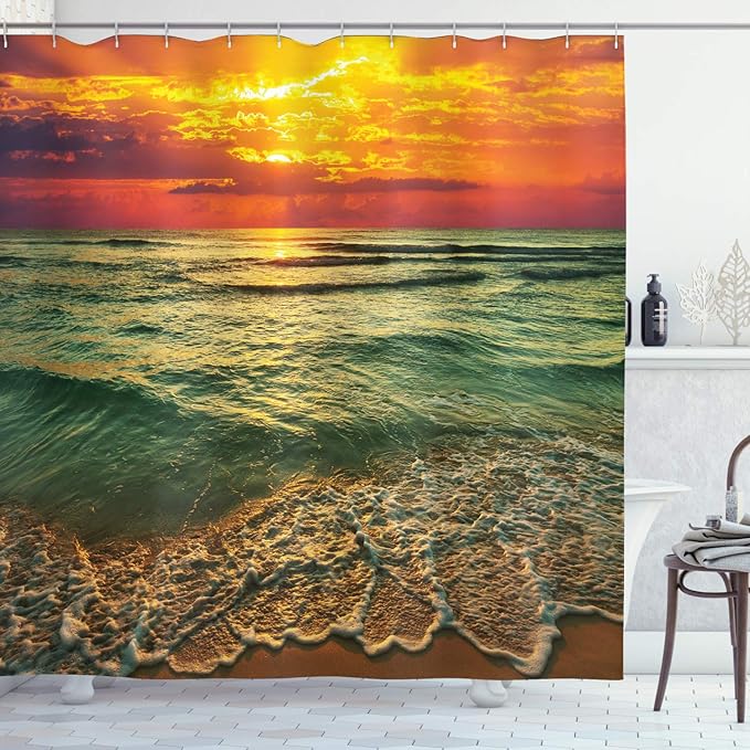 Ambesonne Ocean Shower Curtain, Serenity View of Mystic Sunset at Dusk Dense Clouds Wavy Sea and Beach, Cloth Fabric Bathroom Decor Set with Hooks, 69" W x 70" L, Brown Orange